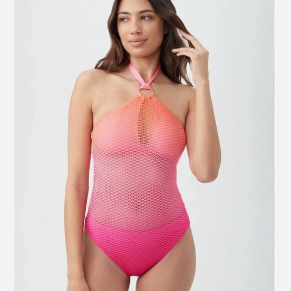 Trina Turk Standard Sun Opal High Neck Mesh One Piece Swimsuit Pink size 6 - Picture 1 of 9